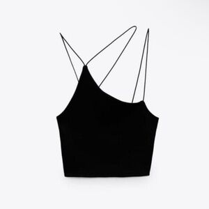 Zara Asymmetrical Crop Top With Strap Detail• Sz Medium• Black• NWOT